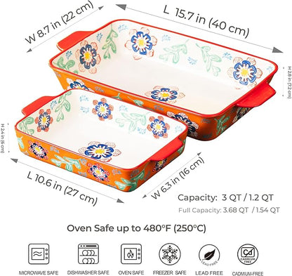 Ceramic Baking Dish Set of 2, 3QT & 1.2QT Stoneware Casserole Dishes for Oven, Rectangular Bakeware with Handles, Oven Safe 480°F, Microwave Dishwasher Safe, Lasagna & Brownie Pan – Warm Orange