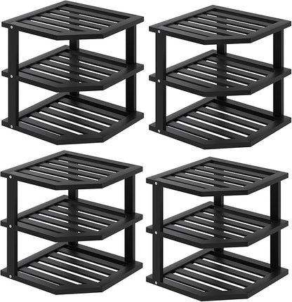 VERTORGAN 3 Tier Bamboo Corner Shelf(4 Pack),Dish Drying Rack,Plate Organizer,Kitchen Spice Rack for Countertop and Cabinet(Black)