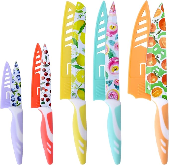 UPTRUST 10-piece Stainless Steel Kitchen Knife Set, Nonstick Coated with 5 Blade Guard, Multicolored Knives Set Gift for Mom - Image 7