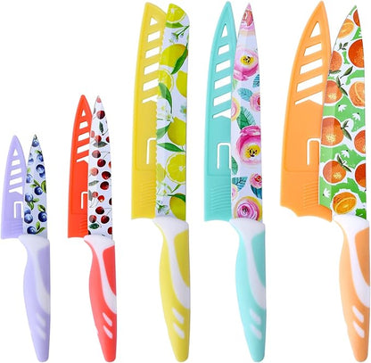 UPTRUST 10-piece Stainless Steel Kitchen Knife Set, Nonstick Coated with 5 Blade Guard, Multicolored Knives Set Gift for Mom - Image 7