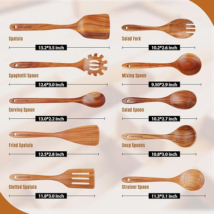 Mooues Wooden Spoons for Cooking, Wooden Utensils for Cooking Natural Teak Wooden Kitchen Utensils Set Comfort Grip(10 PCS SET GIFT BOX) - Image 4