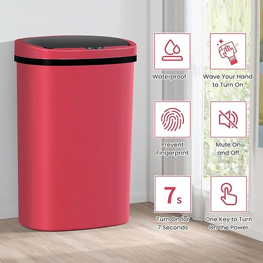 13 Gallon Trash Can | 50L Sensor Automatic Kitchen Trash Can with Lid | Touchless Garbage Bin Odor-Control for Kitchen, Office, Bedroom, Living Room (1 Pack, Red) - Image 2