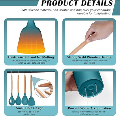 HaWare Kitchen Cooking Utensils Set, 23-Piece Silicone Kitchen Utensils Spatula Set with Holder, Heat Resistant Wooden Handle Kitchen Gadget for Nonstick Cookware, Food-grade Turner Spoon Sets (Blue) - Image 4