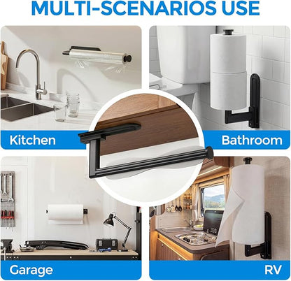 zaa Paper Towel Holder Under Cabinet - Self Adhesive or Drilling Paper Towel Holder Wall Mount, One Hand Tear Black Towel Holder for Kitchen Organization, Bathroom, Sink, Pantry, Fridge, RV