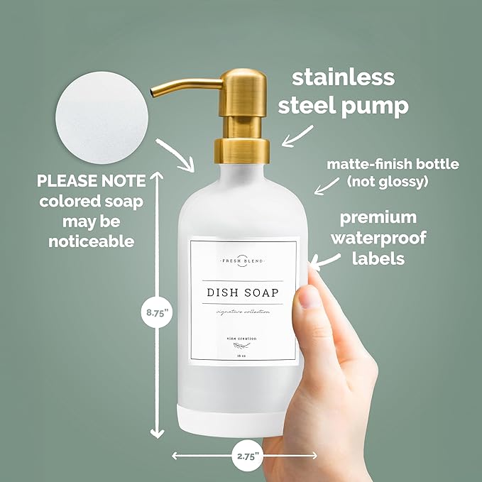 Vine Creations Glass Soap Dispenser, 2 Pack Kitchen Soap Dispenser Set with Stainless Steel Pump, 16 oz Dish Soap and Hand Soap Dispensers for Bathroom with Waterproof Labels (White) - Image 5