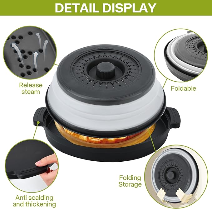 Microwave Splatter Cover for Food with Anti-scald Base Plate,Large Plastic & Silicone Vented Avoid Scalding Collapsible Guard Lid, Plate Holder & Kitchen Colander for Meal Prep-10.7 Inch (2 Pcs BRed) - Image 5