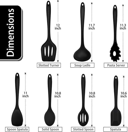 P&P CHEF Silicone Cooking Utensils Set of 7, Heat-proof Kitchen Utensils Set for Nonstick Cookware, Non-stick Spatula, Slotted Turner, Soup Ladle, Pasta Server, Spoon for Cooking Serving - Black - Image 2
