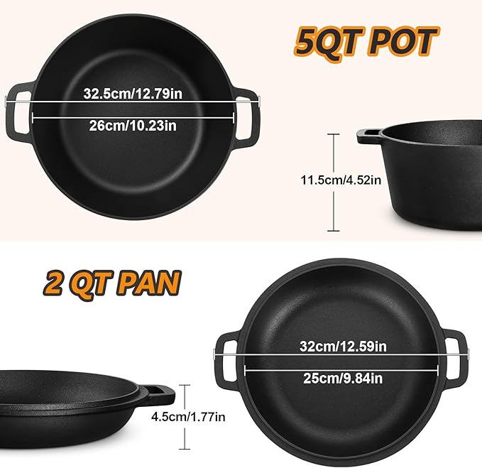 P&P CHEF 5Qt Dutch Oven Pot for Bread Baking (Black), 2 In 1 Round Cast Iron Dutch Oven with Lid Set, Skillet & Pot for Roasting Braising Stewing Frying Simmering, Multi Stoves & Oven Safe - Image 2