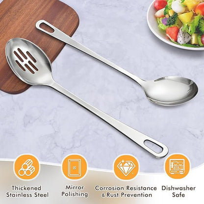 2 Pcs Stainless Steel Cooking Spoons Set, Solid & Slotted Metal Serving Spoons, Heavy Duty Sturdy Large Soup Ladle, High Heat Resistant Kitchen Cooking Utensils for Mixing, Stirring, Easy to Clean - Image 2