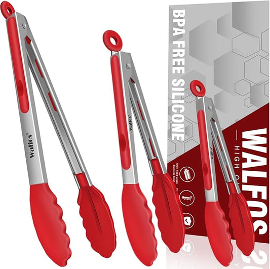 Walfos Kitchen Tongs - 7" 9" and 12" Heat Resistant Cooking Tongs, Stainless Steel and BPA Free Silicone Tips, Great for Cooking, Salad, Grilling, Turning, Dishwasher safe,set of 3 by Walfos