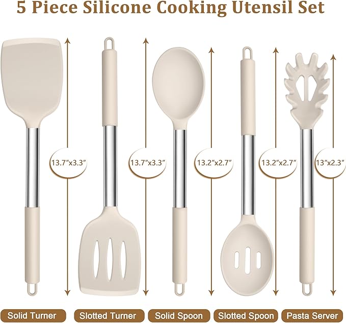 TeamFar Cooking Utensils Set, 5 PCS Silicone Kitchen Utensils with Stainless Steel Handle for Nonstick Cookware Turning Flipping Frying Draining, Heatproof & Healthy, Nonstick & Easy Clean, Khaki - Image 2