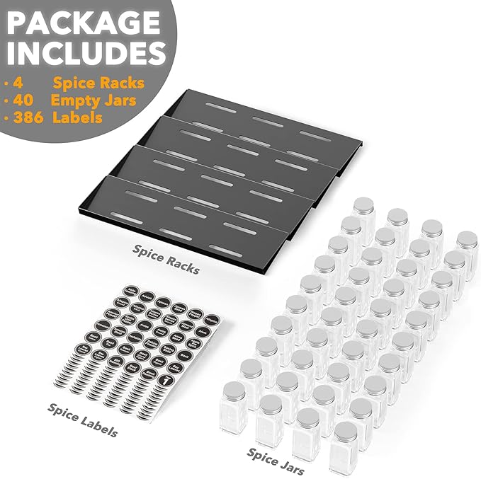 SpaceAid Spice Drawer Organizer with 40 Spice Jars, 386 Spice Labels, 4 Tier Seasoning Rack Tray Insert for Kitchen Drawers, 18.5" Wide x 17.5" Deep - Image 5