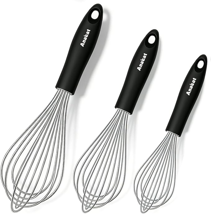 3 Packs Stainless Steel Whisk Set - Balloon Whisk, Anaeat Thick Stainless Steel Wire ＆ Strong Handles, Egg Beater for Cooking, Blending, Whisking, Beating and Stirring (9"+11"+12") by Anaeat