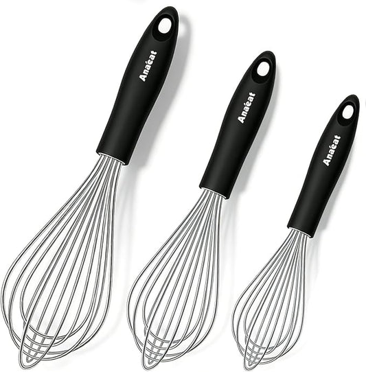 3 Packs Stainless Steel Whisk Set - Balloon Whisk, Anaeat Thick Stainless Steel Wire ＆ Strong Handles, Egg Beater for Cooking, Blending, Whisking, Beating and Stirring (9"+11"+12") by Anaeat