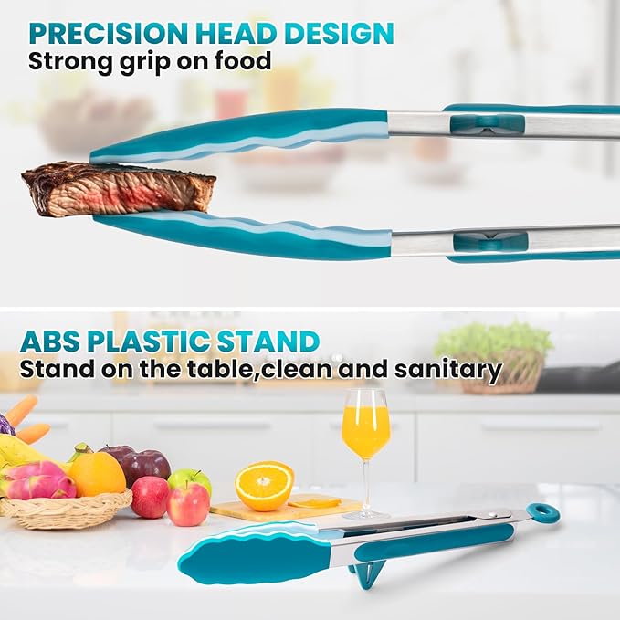 5-Pack Silicone Tongs for Cooking,Maywe Tanso 4PCS 13-Inch Kitchen Tongs with Silicone Tips,Nonstick Stainless Steel Tong for Steak Pie Pizza Pasta Spaghetti Salad BBQ Buffet,Plus Brush - Image 3