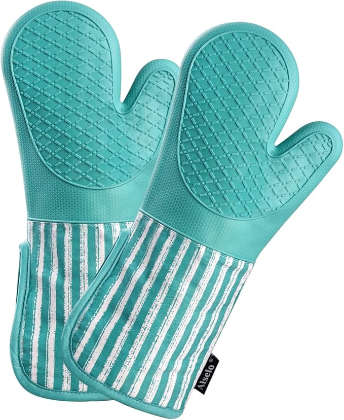 Alselo Silicone Oven Mitts Heat Resistant 932℉ with Waterproof & Non-Slip Kitchen Mittens, Set of 2 Extra Long Oven Gloves with Soft Cotton Terry Lining for Baking Cooking Barbecue by Alselo-Enjoyahealthylife