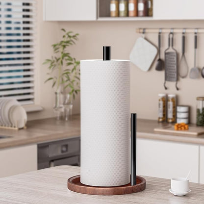 Wooden Paper Towel Holder Countertop - Kitchen Paper Towel Holder Stainless Steel with Real Wood Base, Farmhouse Paper Towel Roll Dispenser Fits Standard and Jumbo Size Paper Towels.