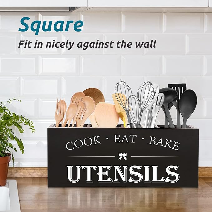 Suli Extra Large Kitchen Utensils Holder with 4 Compartments, Wooden Utensil Organizer for Kitchen Countertop, Farmhouse Kitchen Decor, Rustic Cooking Utensil - Black - Image 5
