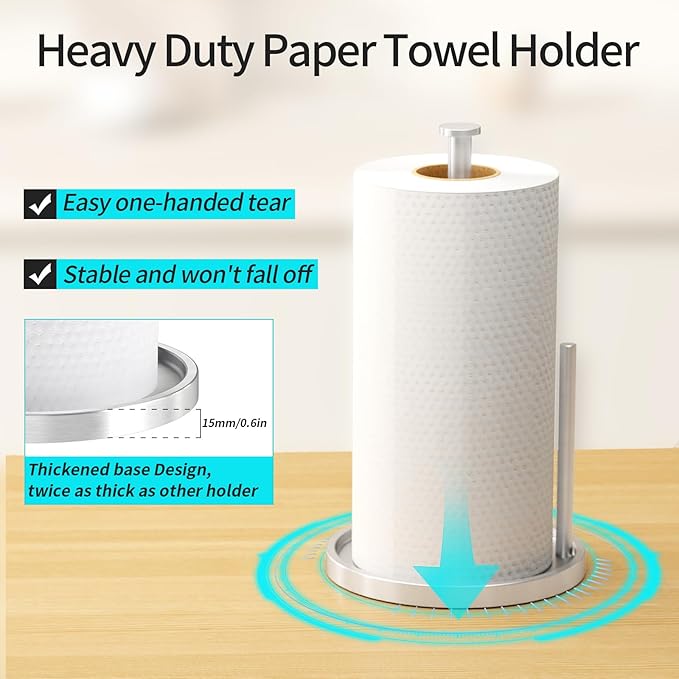 Paper Towel Holder Countertop, Standing Paper Roll Holder with Anti Slip Weighted Base, Stainless Steel Freestanding Paper Towel Holder for Kitchen, Silver - Image 2