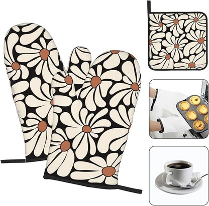 Boho Floral Pot Holders and Oven Mitts Set, Cute Black and Beige Kitchen Mitts for Oven,Non Slip Heat-Resistant Vintage Baking Gloves Hot Pads, Baking Gifts for Women