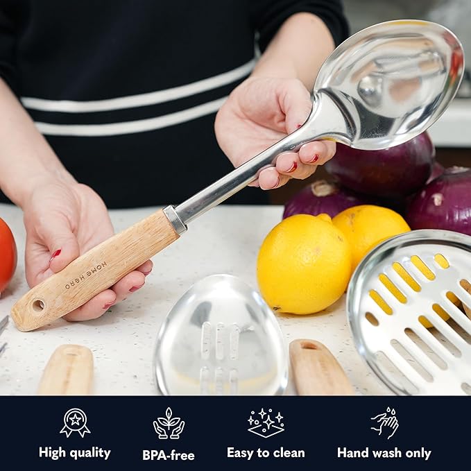 Home Hero Stainless Steel Kitchen Utensils Set - Wood Handle Nonstick Stainless Steel Cooking Utensils Set - Heat Resistant Kitchen Essentials & Metal Kitchen Gadgets (Silver & Wood) - Image 5