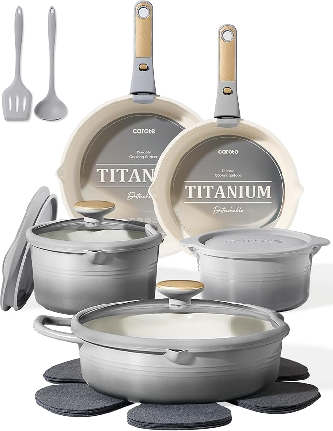 CAROTE 17Pcs Titanium Cookware Set, Pots and Pans Set Non Stick, Kitchen Cooking Set with Detachable Handle, Non Toxic Induction Cookware, Dishwasher/Oven Safe by CAROTE
