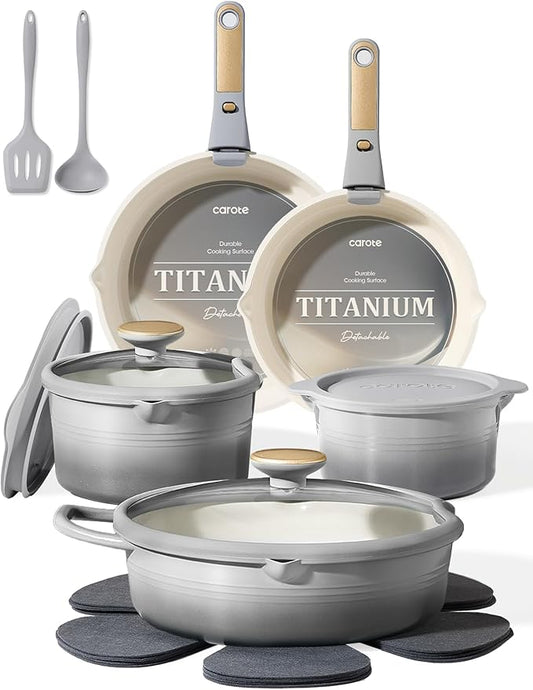 CAROTE 17Pcs Titanium Cookware Set, Pots and Pans Set Non Stick, Kitchen Cooking Set with Detachable Handle, Non Toxic Induction Cookware, Dishwasher/Oven Safe by CAROTE