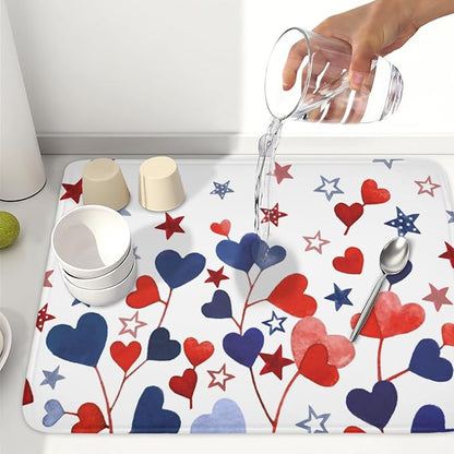 4th of July Dish Drying Mat for Kitchen Counter Patriotic Red Blue Star Love Heart Pattern Microfiber Dish Drainer Mat Independece Day Absorbent Washable Drying Pad Extra Large 18"x24"