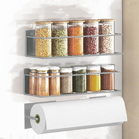 Magnetic Spice Rack For Refrigerator, Space Saving Magnetic Shelf For Fridge Grey 2 Pack With Magnetic Paper Towel Holder by Roysili