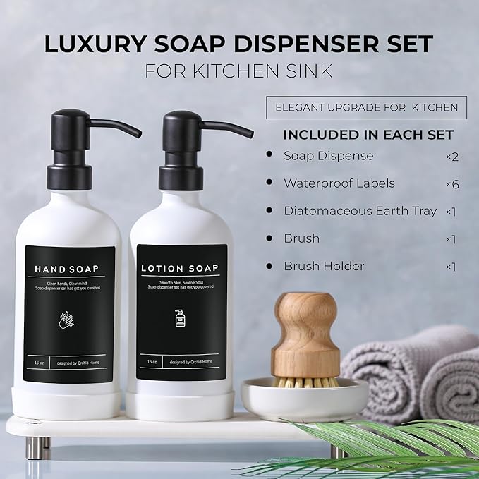 [Luxury] Kitchen Soap Dispenser Set - 16OZ White Glass Bottle, Stainless Steel Pump, Instant Dry Tray, Waterproof Labels, Non-Slip Silicone Pad, and Dish Brush | Upgrade for Your Kitchen and Bathroom - Image 3