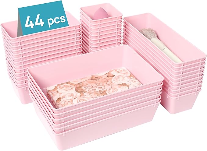 Vtopmart 44 PCS Plastic Drawer Organizers Set, 4-Size Versatile Bathroom and Vanity Organizer Trays, Non-Slip Storage Containers for Makeup, Jewelries, Bedroom，Kitchen Utensils and Office, Pink by Vtopmart