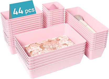 Vtopmart 44 PCS Plastic Drawer Organizers Set, 4-Size Versatile Bathroom and Vanity Organizer Trays, Non-Slip Storage Containers for Makeup, Jewelries, Bedroom，Kitchen Utensils and Office, Pink by Vtopmart