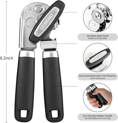 Beneno Heavy Duty Hand Can Opener Manual with Magnet, Durable Sharp Carbon Steel Blade Smooth Cutting, Big Effort-Saving Knob & Soft Grip Handle, Multifunctional Kitchen Tool with Bottle Opener, Black - Image 2