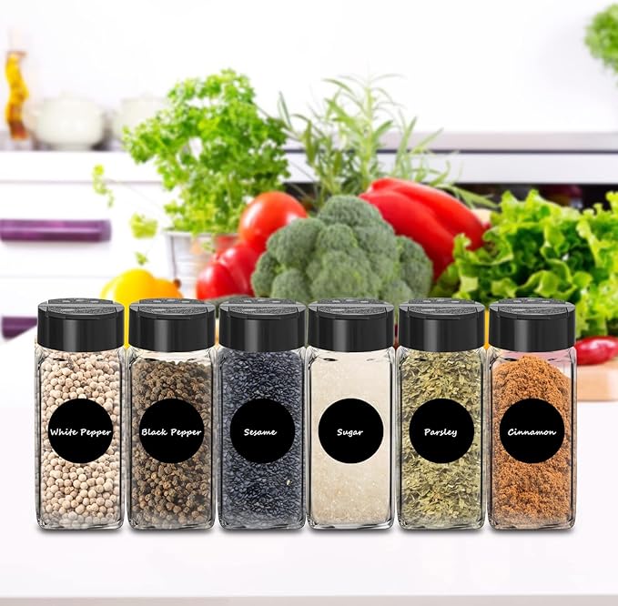 Saiveina 12 Pack Glass Spice Jars with Labels, 4oz Spices Containers Spice Jars with Black Shaker Lids, Empty Containers for Spice, Silicone Funnel and Pen Included - Image 6