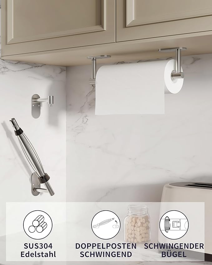 Paper Towel Holder Under Cabinet, Self Adhesive or Wall Mount for Kitchen Bathroom, Stainless Steel Paper Towel Holders with Damping Effect, Single Hand Operable (Silver) - Image 2