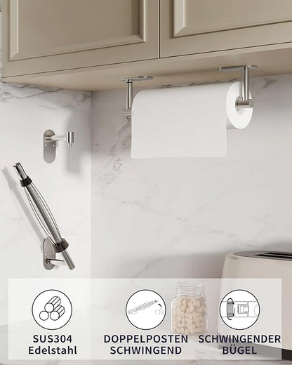 Paper Towel Holder Under Cabinet, Self Adhesive or Wall Mount for Kitchen Bathroom, Stainless Steel Paper Towel Holders with Damping Effect, Single Hand Operable (Silver) - Image 2