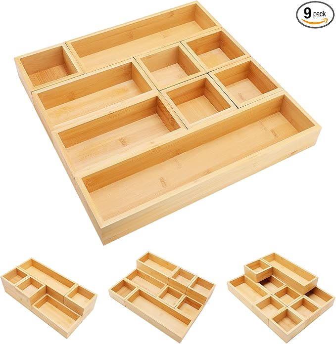 Bamboo Drawer Organizer Set, 9 PCS Multi-Use Individual Wood Storage Organizers, Junk Drawer Divider and Storage Trays Containers for Kitchen, Bathroom, Office Desk, Makeup, Jewelry, Utensils by MapleGrace