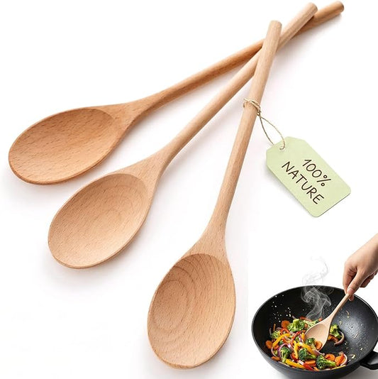 HANSGO 10 Inch Wooden Spoons for Cooking, 3PCS European Beech Wood Mixing Spoons, Heat Resistant, Non-Scratch for Nonstick Pans & Soup Pots, Ideal for Home Kitchen Stirring, Serving & Baking