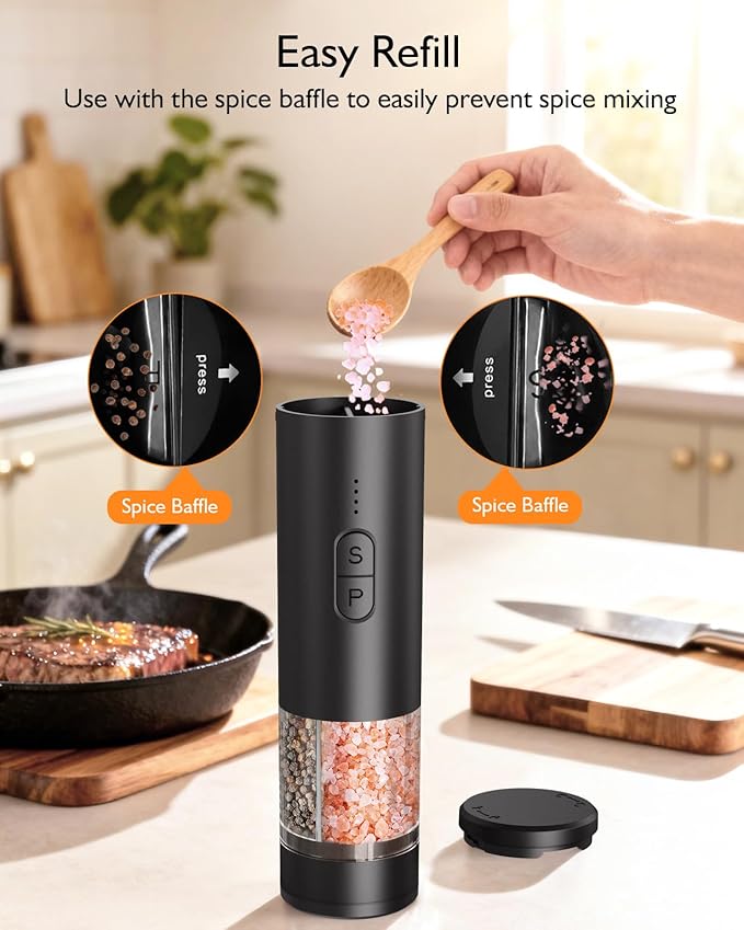 Electric Salt and Pepper Grinder Set, 2 in 1 Dual Bins USB Rechargeable Refillable Automatic Salt and Pepper Mill Shaker with LED Light, Dual Ceramic Grinder Adjustable Coarseness, kitchen gift, Black - Image 8