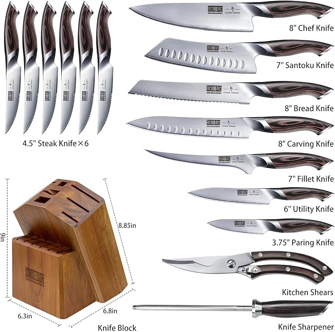 HOSHANHO 16-Piece Knife Set, Japanese High Carbon Stainless Steel Kitchen Knife Set, Ultra Sharp Chef Knife Block Set with Sharpener - Image 4