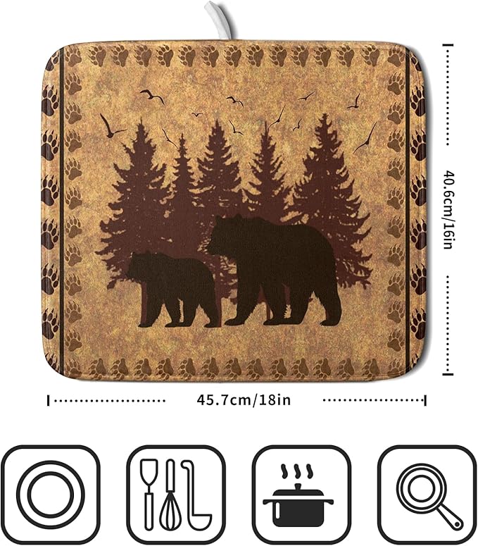 Giwawa 16"x18" Brown Bear Dish Drying Mat Rustic Forest Wildlife Woodland Dish Drainer Mats for Kitchen Countertop Farmhouse Animal Paw Print Fast Dry Microfiber Dish Drying Pad Decoration