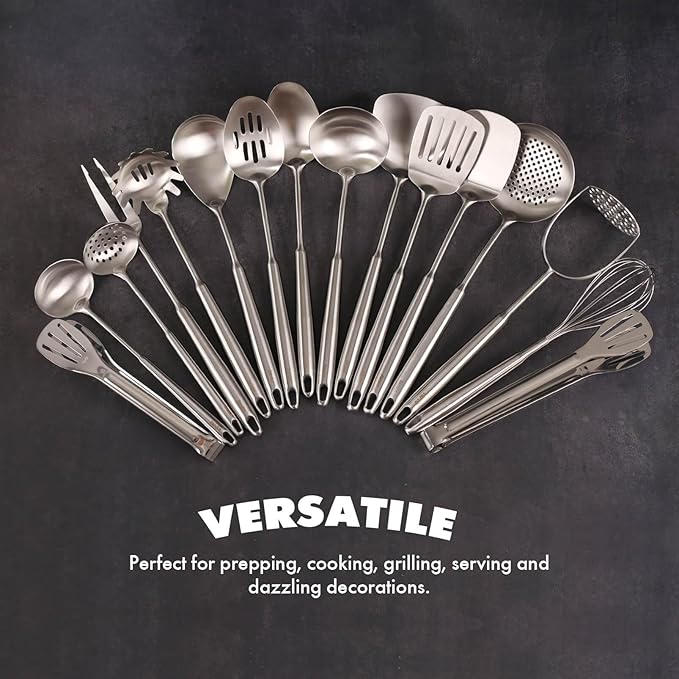 18/10 Stainless Steel Cooking Utensils Set - 16 PCS All Metal Serving Utensils, Kitchen Tools - Whisk, Masher, Fork, Tongs, Solid/Slotted Spoon, Spatula, Turner, Ladle, Skimmer, Pasta, Large Spoon Set - Image 6