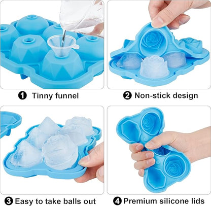 Ice Cube Tray, Mikiwon 2 inch Rose Ice Cube Trays With Covers, 3 Cavity Silicone Rose Ice Tray & 3 Diamond Ice Ball Maker, Easy Release Large Ice Cube Form for Chilled Cocktails, Whiskey Juice (Blue)