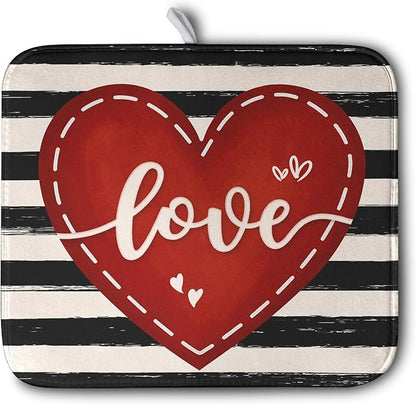 Valentine's Day Dish Drying Mat for Kitchen Counter 16x18 Black White Stripes Red Love Heart Dishes Drainer Mats Absorbent Dish Pad Large Dish Draining Mat for Coffee Bar by Kwlegh