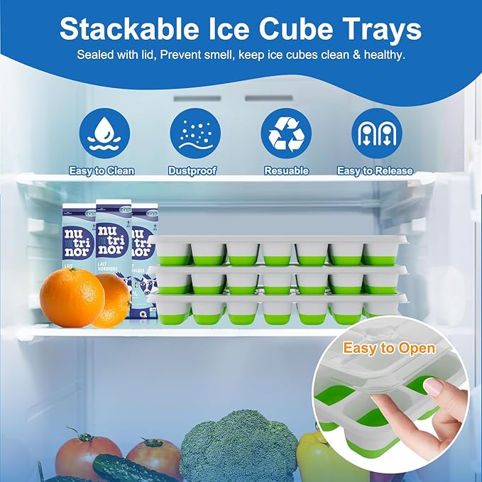 Ice Cube Tray, Ice Cube Trays for Freezer 3 Pack with Lids, Ice Tray Easy-Release, Ice Trays for Freezer Stackable, Silicone Ice Cube Tray for Drinks, Coffee - BPA-Free and Odor-Free - Image 2