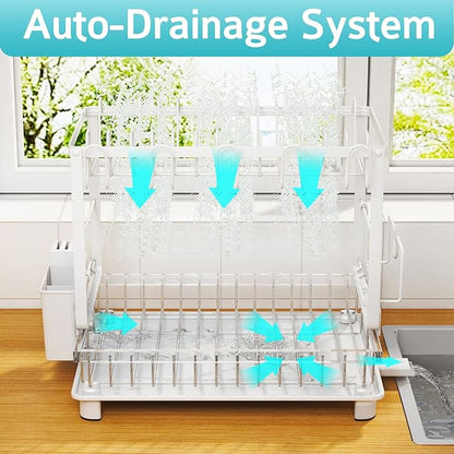 Multifunctional Dish Drying Rack - Rustproof, 2-Tier Dish Racks with Drainboard, Space-Saving Design, Utensil & Cup Holder for Kitchen Counter, White - Image 3
