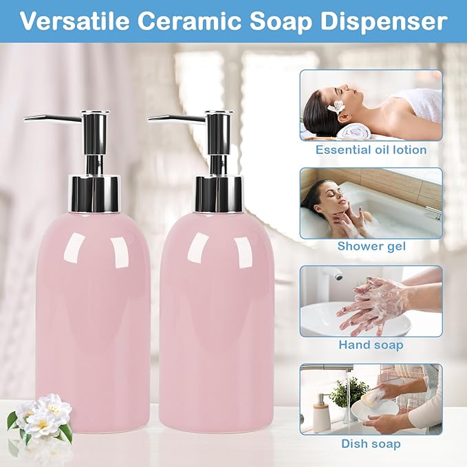 Natheeph 14OZ Ceramic Soap Dispenser Ceramic Soap Pump Dispenser Can Fill Liquid for Bathroom/Kitchen (2PC Pink) - Image 6