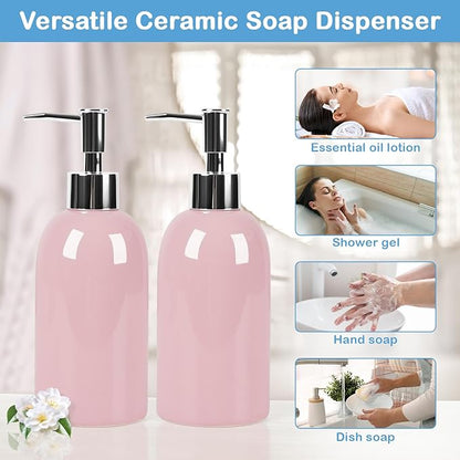 Natheeph 14OZ Ceramic Soap Dispenser Ceramic Soap Pump Dispenser Can Fill Liquid for Bathroom/Kitchen (2PC Pink) - Image 6