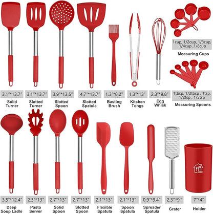 Silicone Cooking Utensil Set,Kitchen Utensils 26 Pcs Set,Non-stick Heat Resistant Silicone,Cookware with Stainless Steel Handle - Red