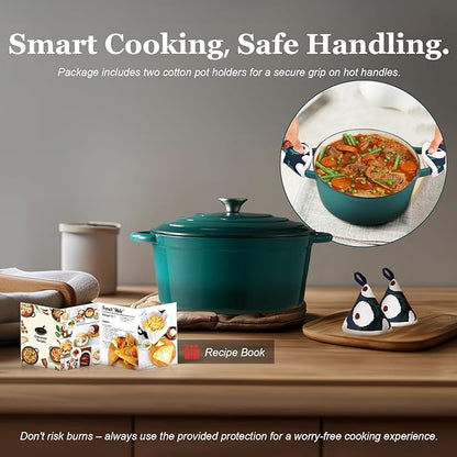 Overmont Enameled Cast Iron Dutch Oven - 7QT Pot with Lid Cookbook & Cotton Potholders - Heavy-Duty Cookware for Braising, Stews, Roasting, Sourdough Baking bottle green - Image 6